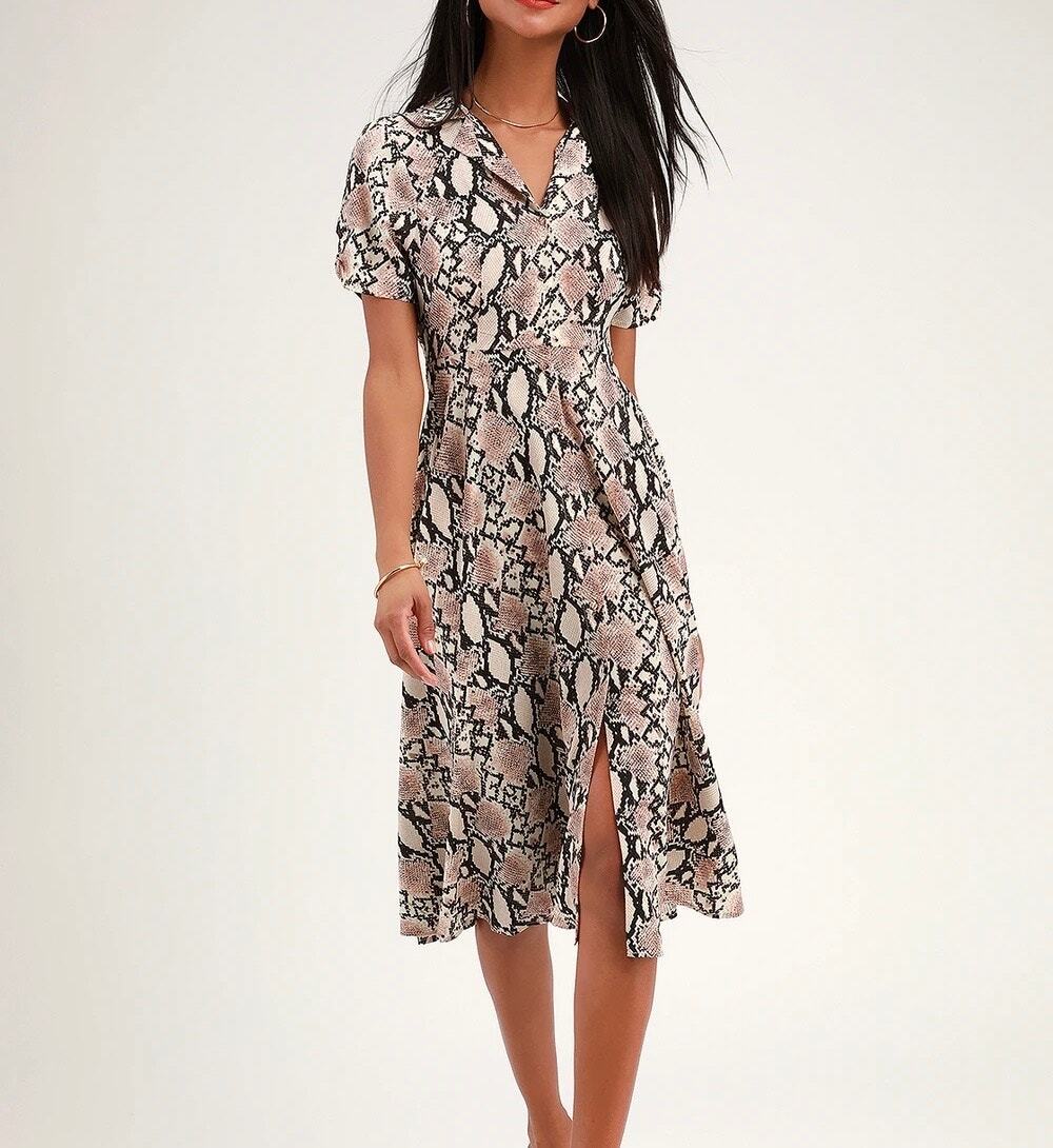LULUS Let's Snake a Deal Collared Midi Shirt Dress Small S